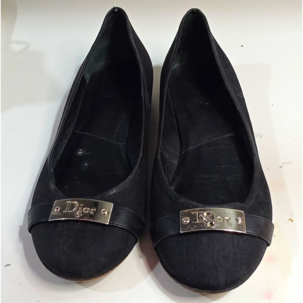 Dior Monogram Canvas Ballet Flats Black Logo Plate Slip-On US 8